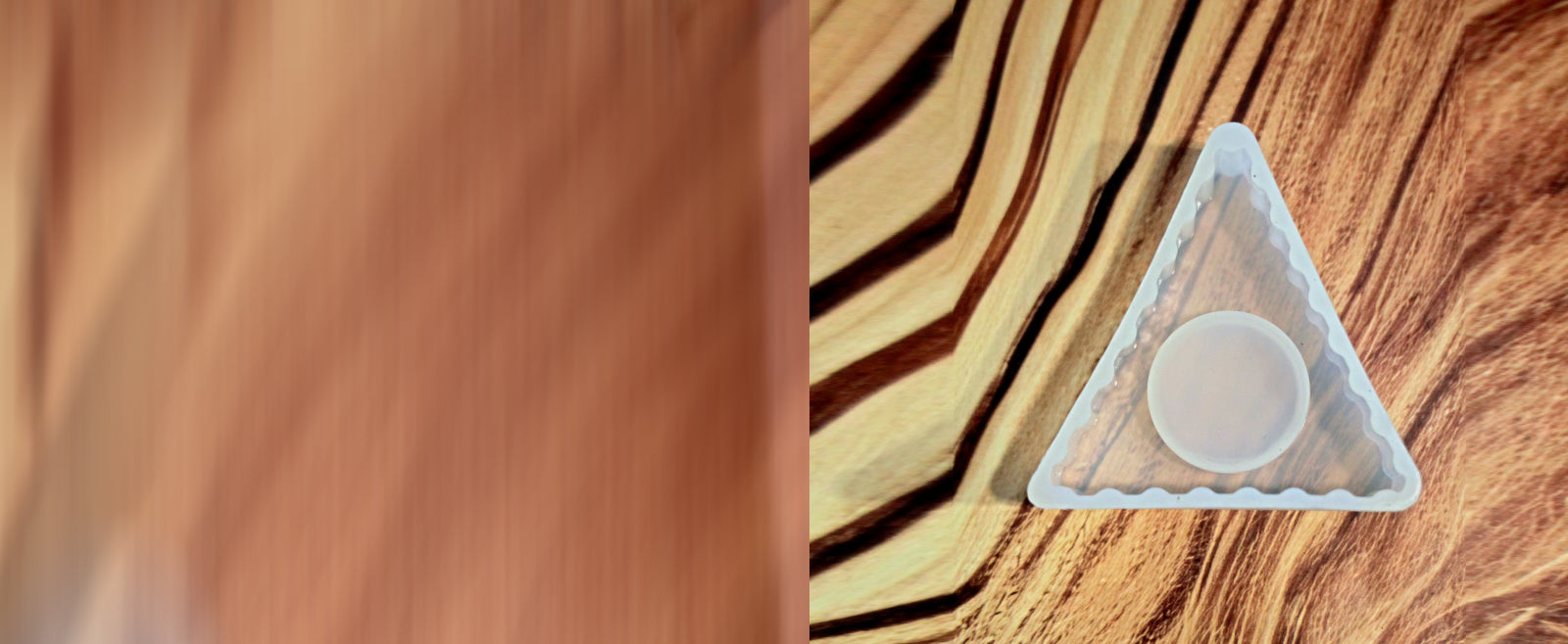 Triangular coaster with a circular design on a wooden surface